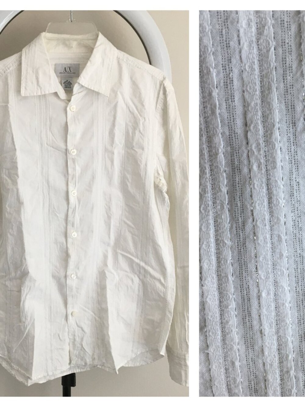 AX ARMANI EXCHANGE Long Sleeve White Silver Glitter Inserts Logo Button Shirt